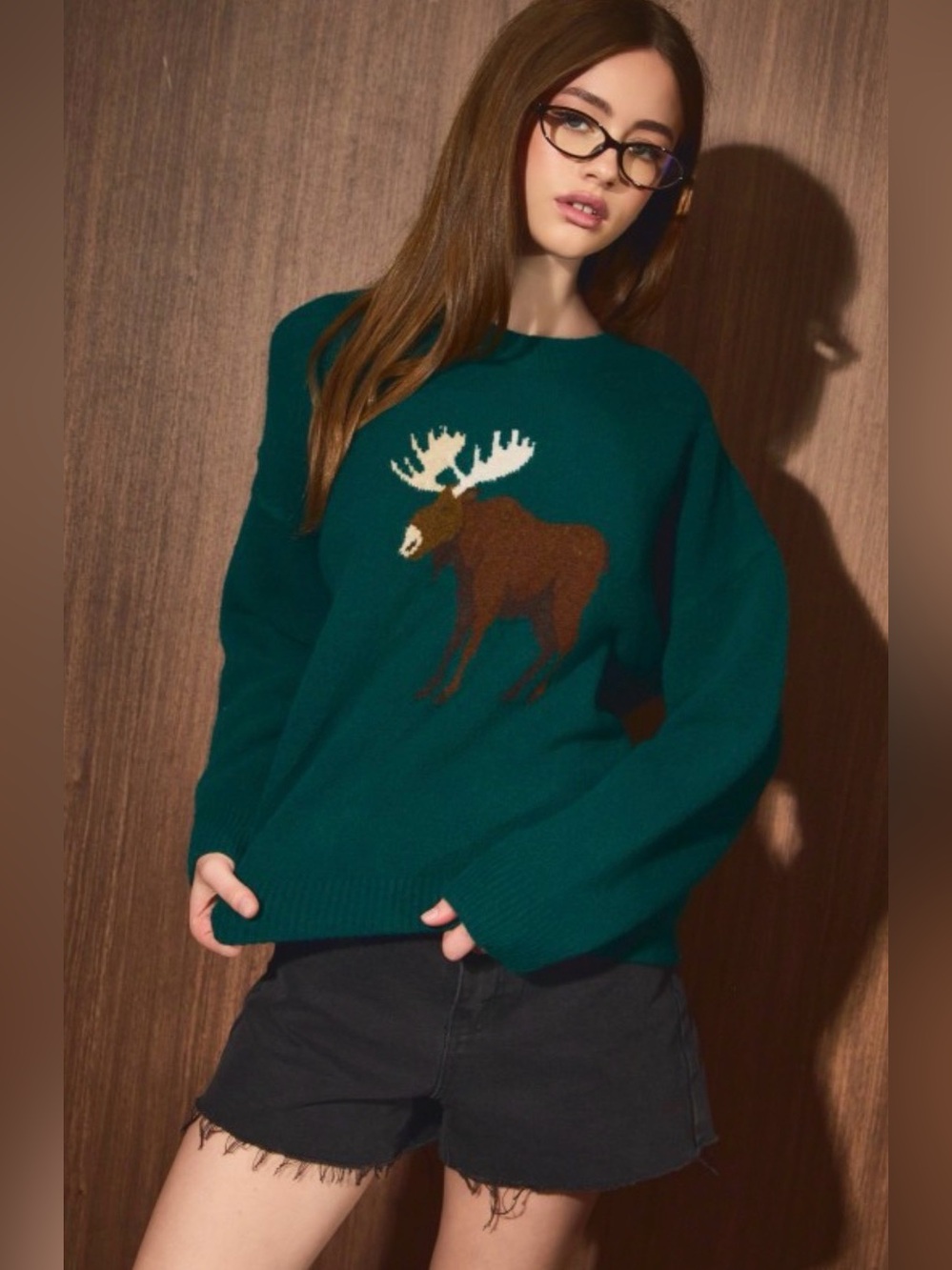 Le Lis Teal Green Moose Intarsia Crewneck Sweater